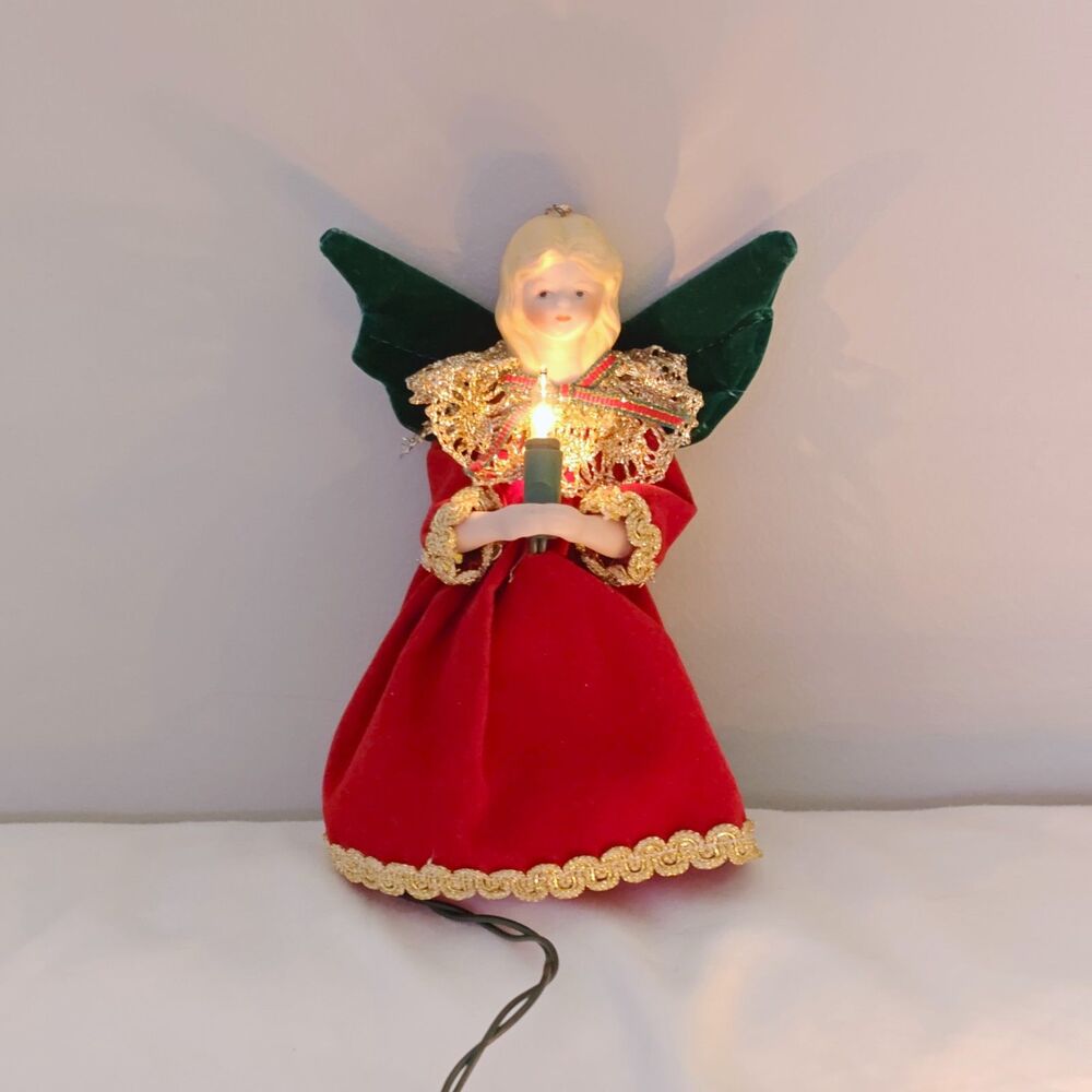 Vintage Christmas Angel Light-Up Candle Ornament Red Green Gold